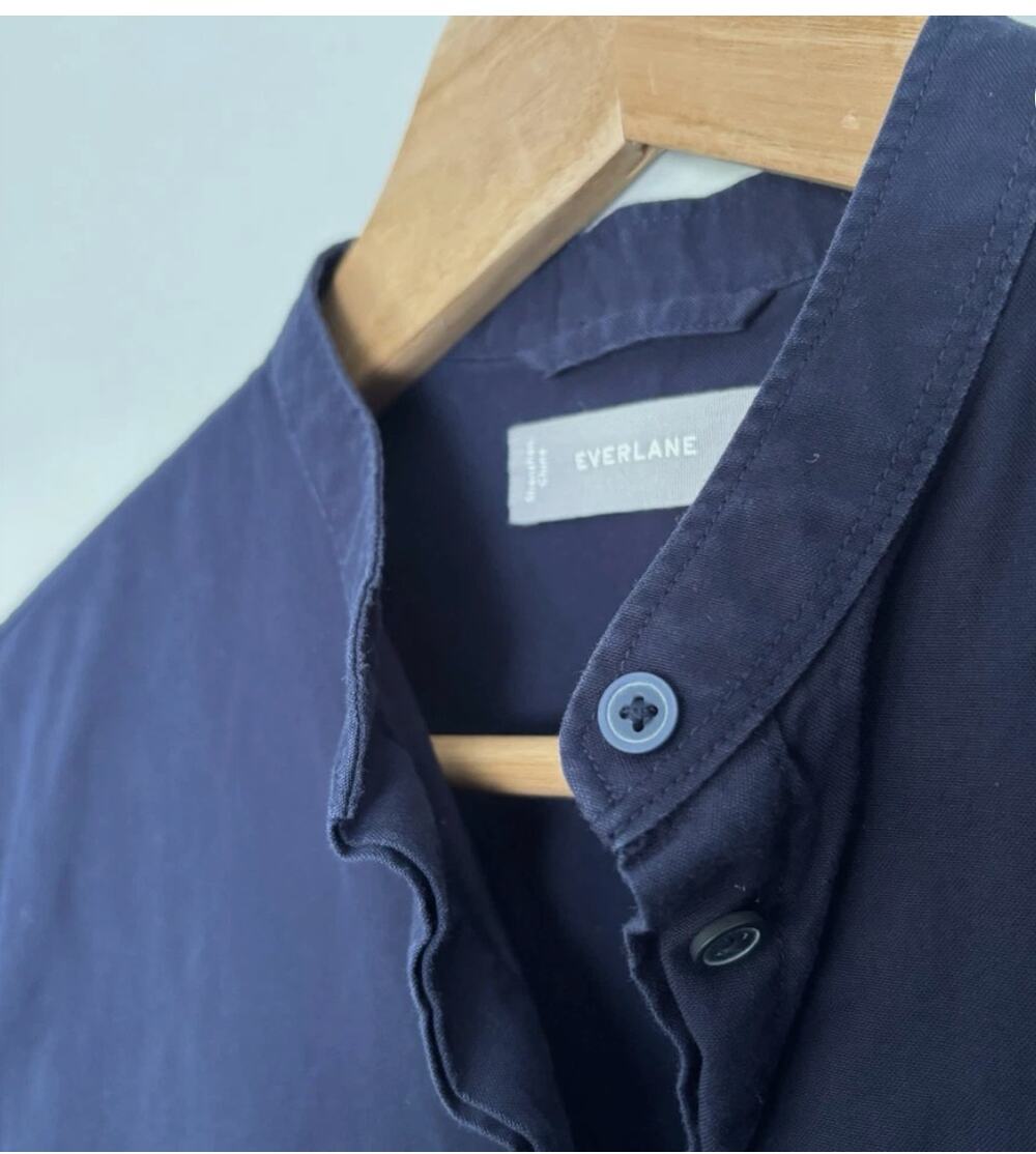 EVERLANE Women's The Cotton Collarless Shirtdress Size 0 Navy Blue Midi Button